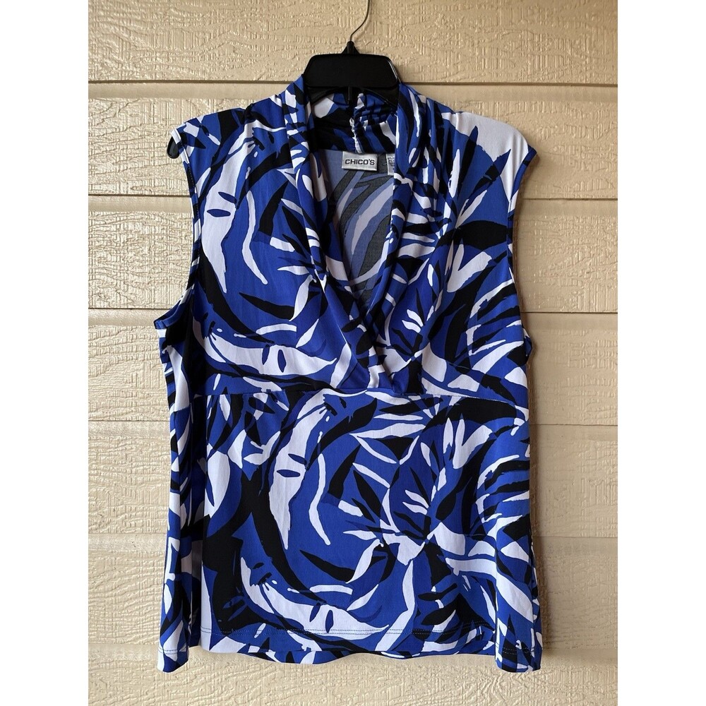Chico's womens Blue Print Rolled Collar V Neck Knit Shell Tank Top size 3 XL